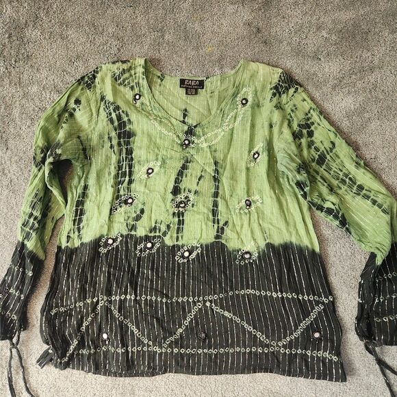 Baba Clothing Corp LA Womens Tunic Black Green Tie Dye Beaded Free Size (XS-M) - Picture 1 of 8
